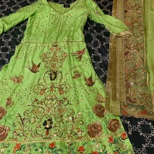 Parrot green silk kameez and sharara pants